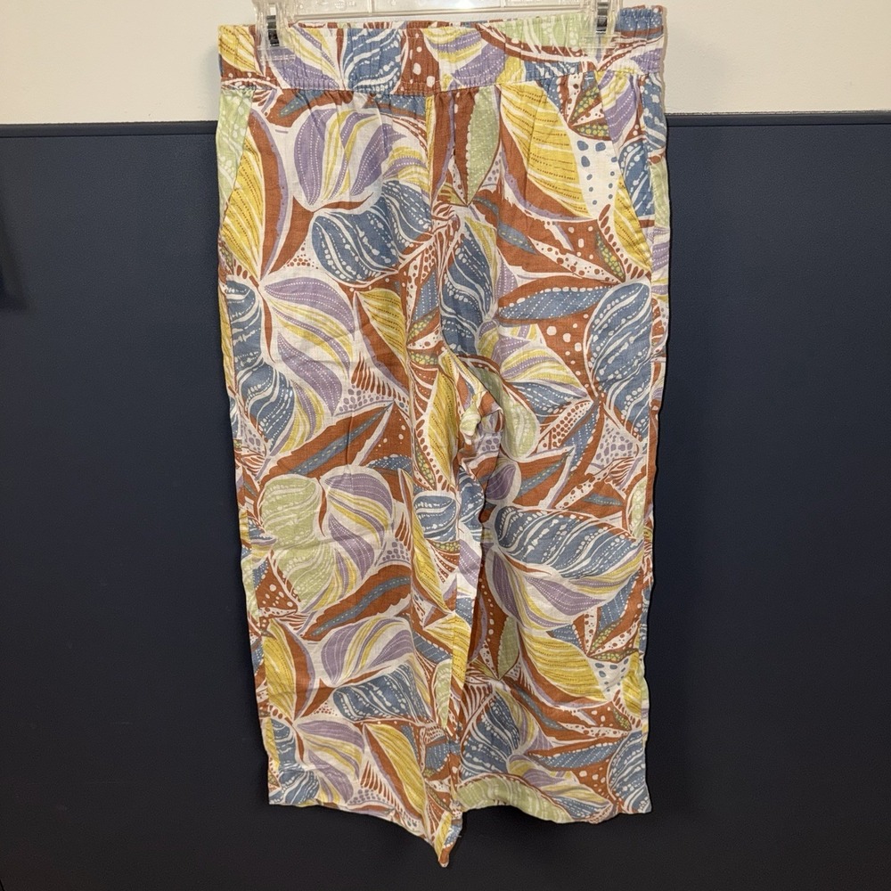 C&C California Women's Sz Medium Linen Coastal Palm Print High Rise Crop Pants